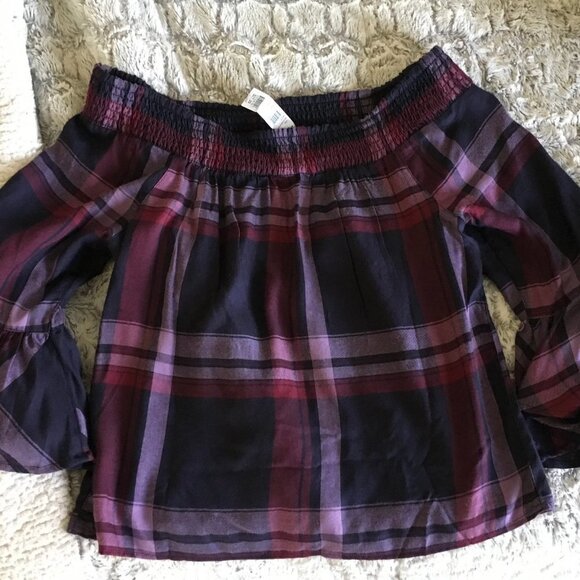 Ivy & Main Tilly's Purple Plaid Smocked Off the Shoulder Top Large NWT - Picture 7 of 9